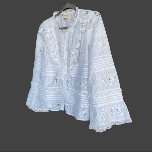 SEZANE White Floral Eyelet Embroidered Pleated Lace Ruffle Bell Sleeve Nele Top - Picture 15 of 17